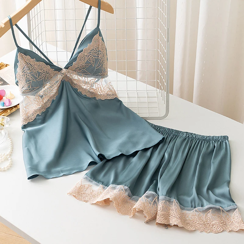 Koronkowy Patchwork pasek piżama z szortami kobieta satynowa bielizna nocna dwa kawałki Camisole Sleep Set letnie ubrania domowe cienka bielizna nocna