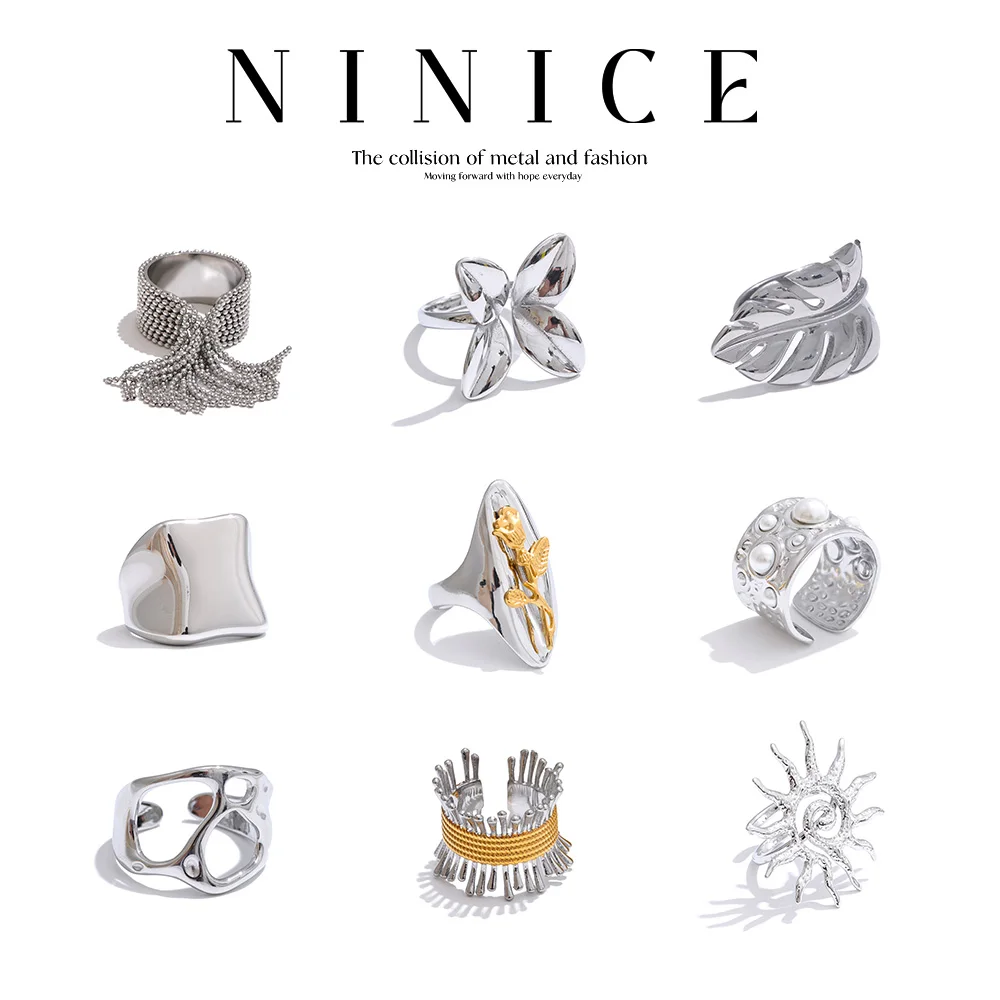 NiNice 54 Pieces Stainless Steel Rings Rose Carve Design Adjustable Fashion Tassel Flower Sun Heart Shaped Selected Jewelry Gift