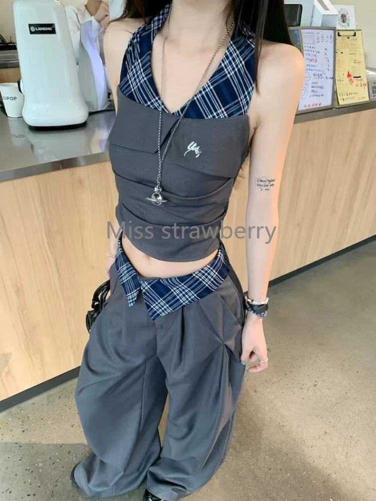 Preppy Style Summer Patchwork Trouser-suit Women Design Chic Sleeveless Slash Neck Tops Female + Loose High-waist Baggy Pants
