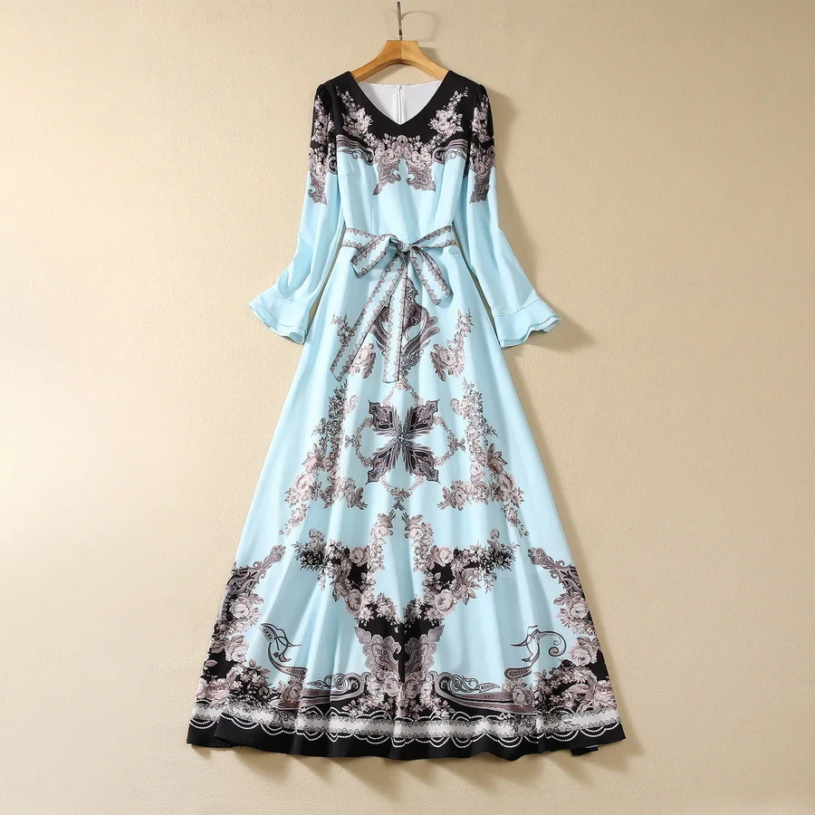 

European and American women's clothing 2023 autumn new Long sleeve V-neck blue court print Fashion Belt dress