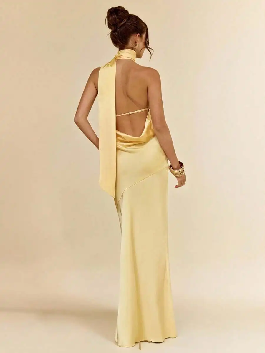 

Желтое асимметричное вечернее платье из сатина с вырезом халтер и открытой спиной для вечеринки