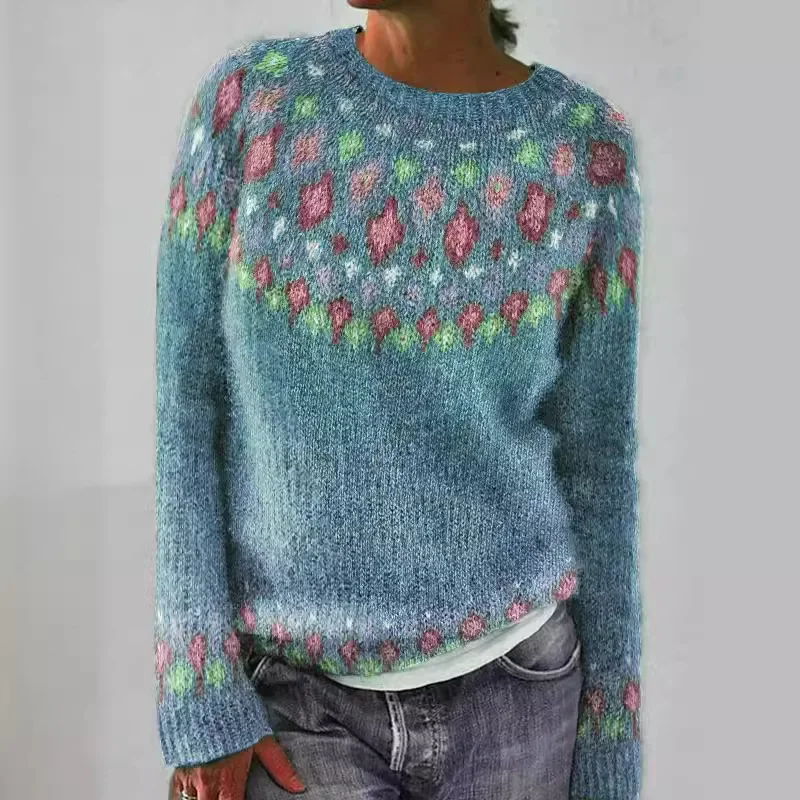 

Europe New Women's Sweater Round Neck Color Block Loose Fit Fashionable Pullover Knitted Top Crew Neck Design