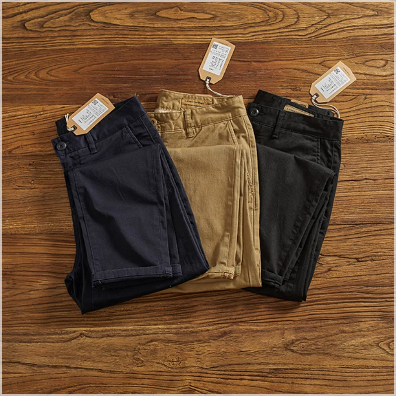 Stretch five bags of chino casual trousers for men under the old wash with a simple straight woven trousers in a solid color