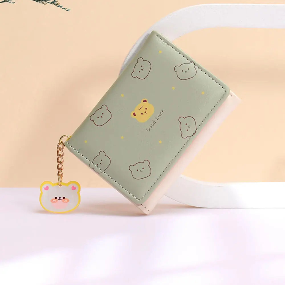 Bonito urso dos desenhos animados padrão PU carteira de couro para mulheres, curto três carteiras dobráveis, estudante pequeno Coin Purse, titular do cartão feminino, senhoras