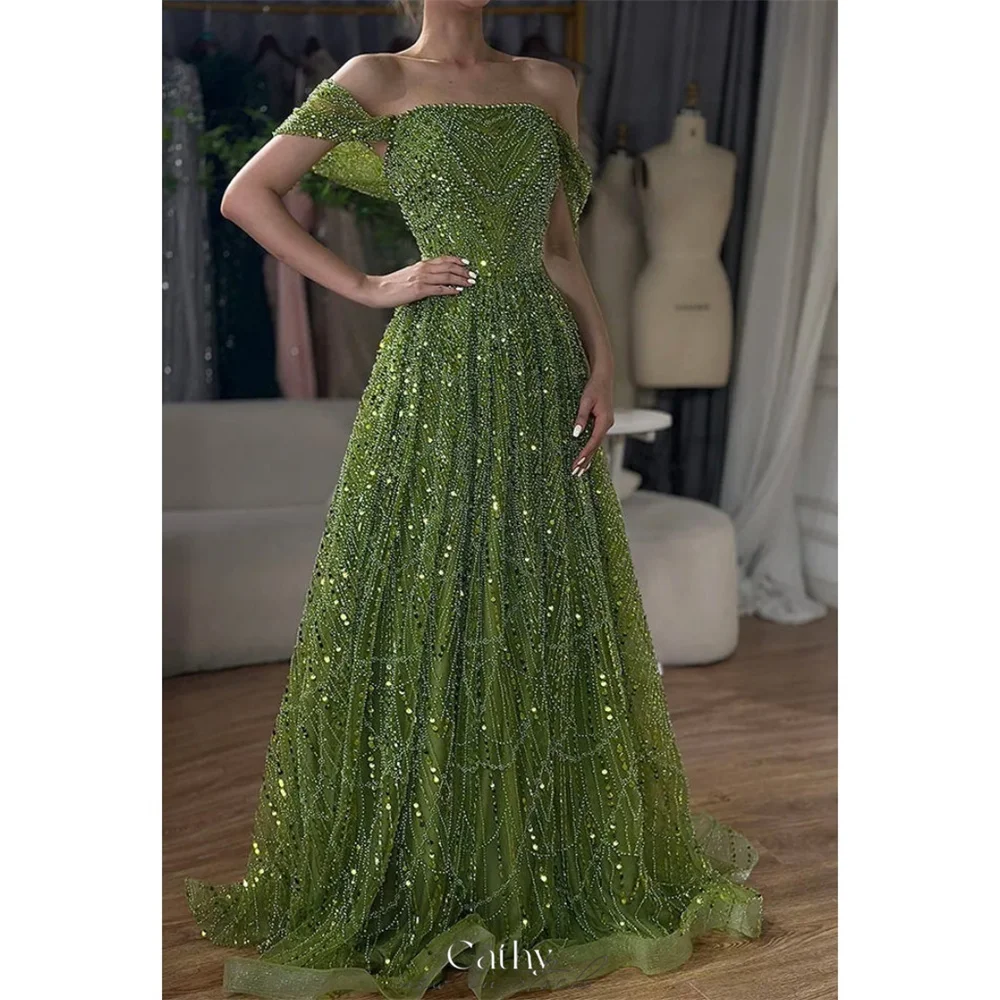 

Cathy индивидуальное зеленое платье для выпускного вечера с открытыми плечами и бусинами, великолепные вечерние платья трапециевидной формы длиной до пола, 2025