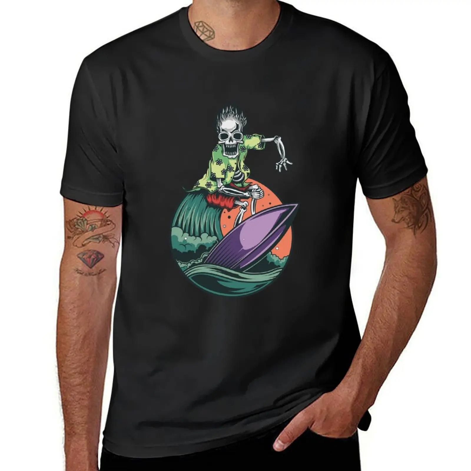 Illustration of a Skeleton Surfing in Wild Waves T-Shirt customs Blouse sublime plus sizes t shirts for men