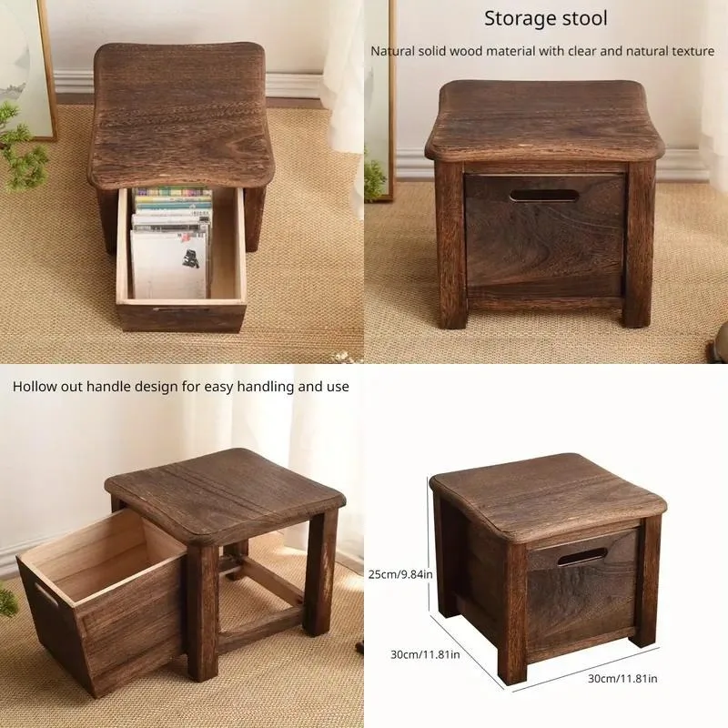 Dark Brown Wooden Shoe Changing Stool with Storage Space Modern Hollow Handle Wabi Sabi Chair No Armrests