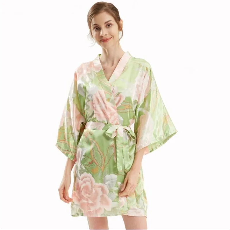 2024 Spring New Ladies Silk Satin Thin Robe Comfort Fresh Style Floral Printed Sleepwear Sexy Nightgown Femme Cozy Homewear