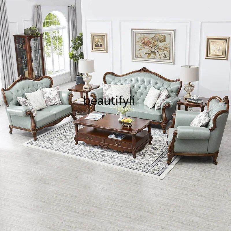 LXAmerican leather sofa all solid wood combination living room European double triple sofaSSS