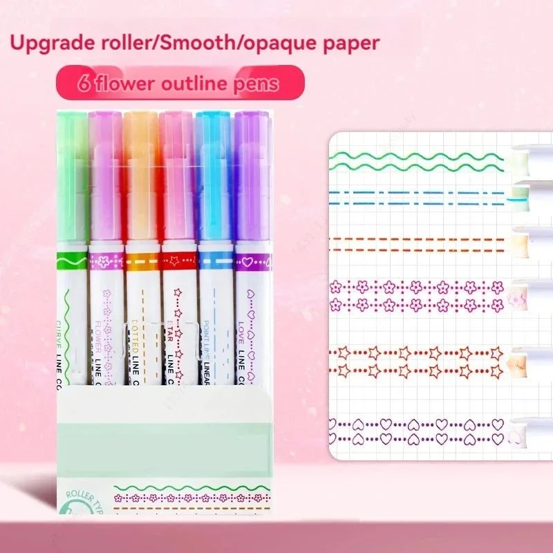 Bunte Textmarker-Stifte mit Linienformiger Rollspitze, Kurvenmarker für Journaling, Schule und Bürobedarf, 6 Stück/Set