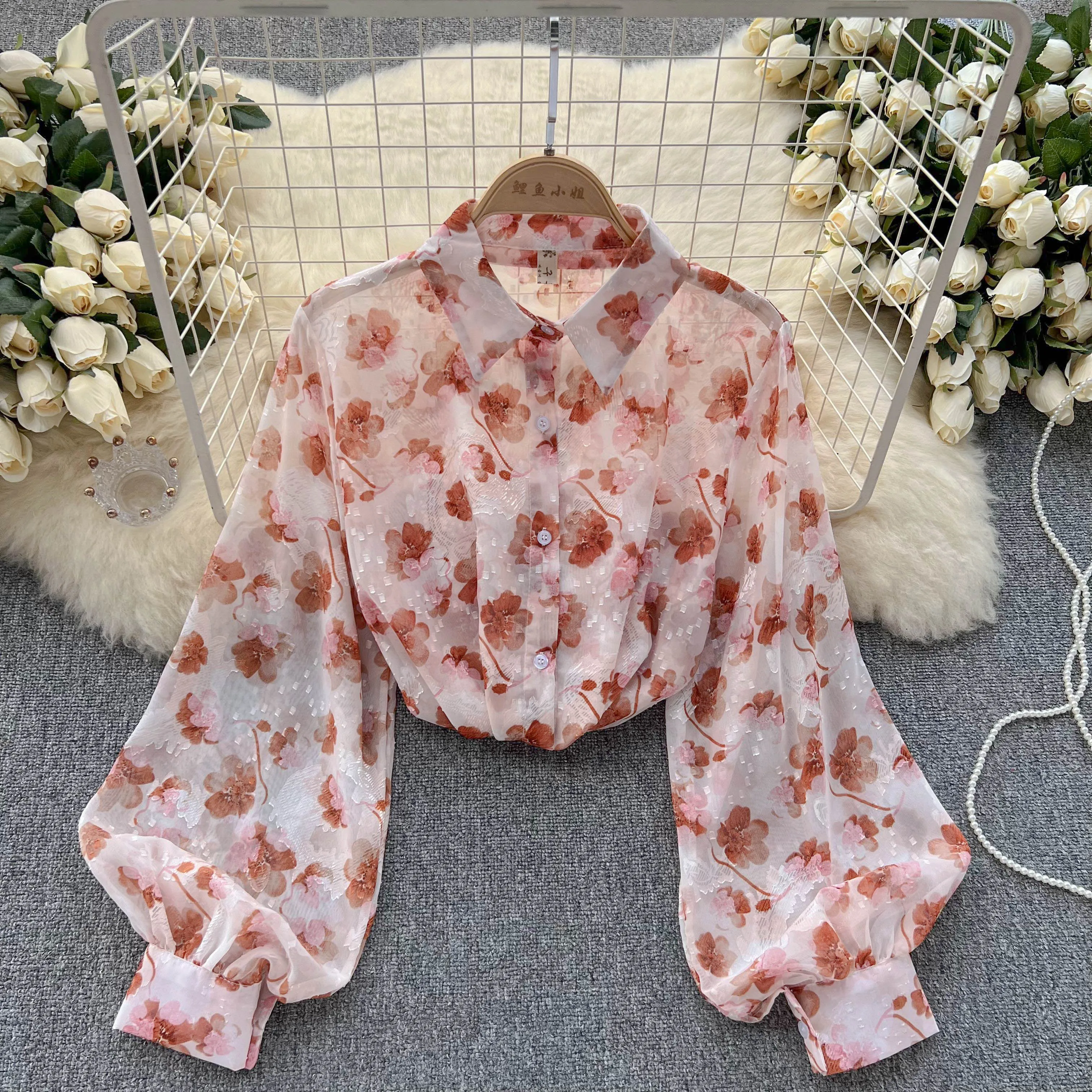 Vintage Floral Print Puff Long Sleeve Blouse Slim Elegant Korean Fashion Crop Top Sexy Spring Summer Women Shirt Femme Blusa