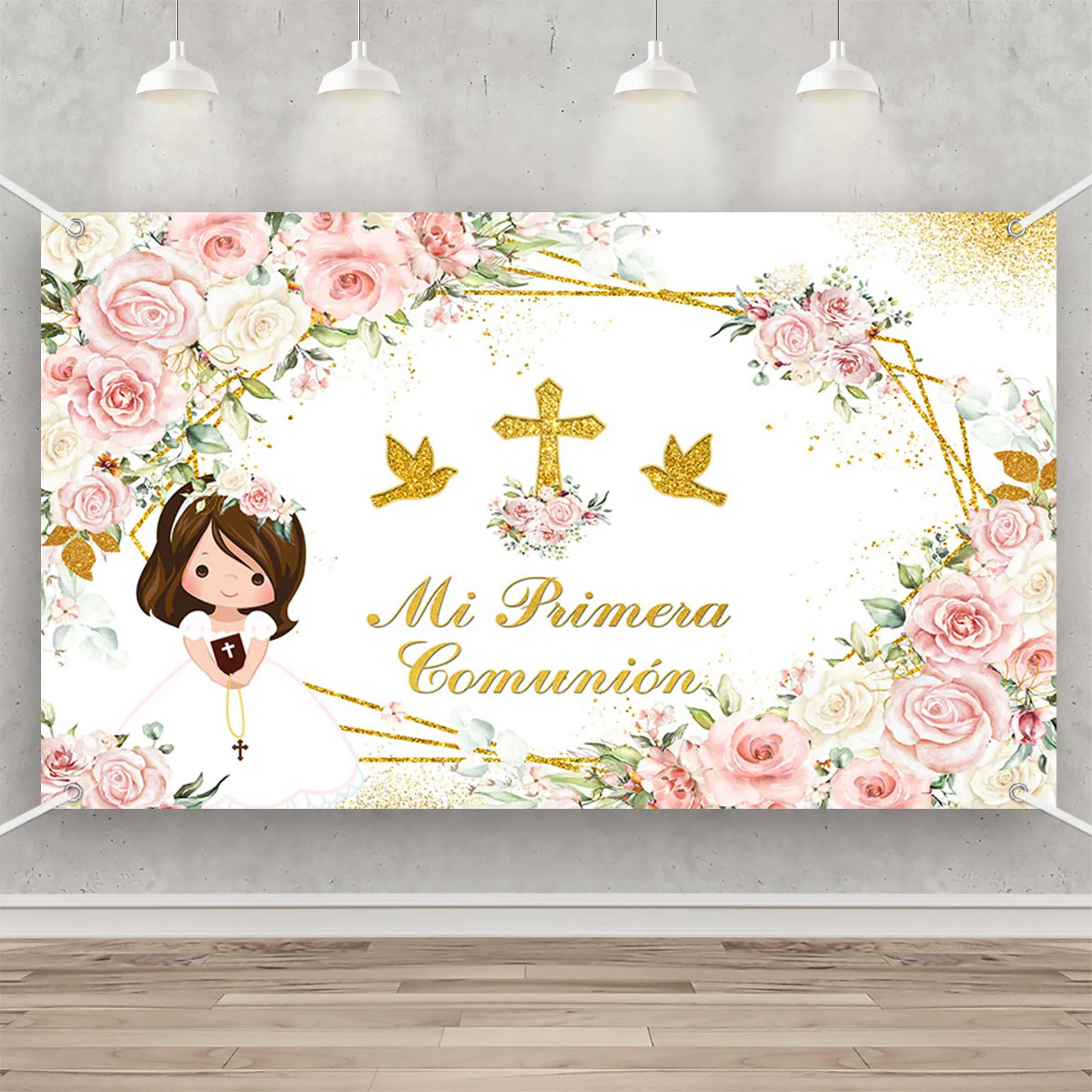 AIBIIN My First comunione Banner sfondo blu o rosa Boho floreale ragazzo o ragazza battesimo sfondo battesimo decorazione della festa