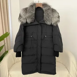 Autumn Winter Mid-length Down Jacket Removable Natural Fox Fur Collar Women Thickened Warm Waist Down Jacket 50% White Duck Down