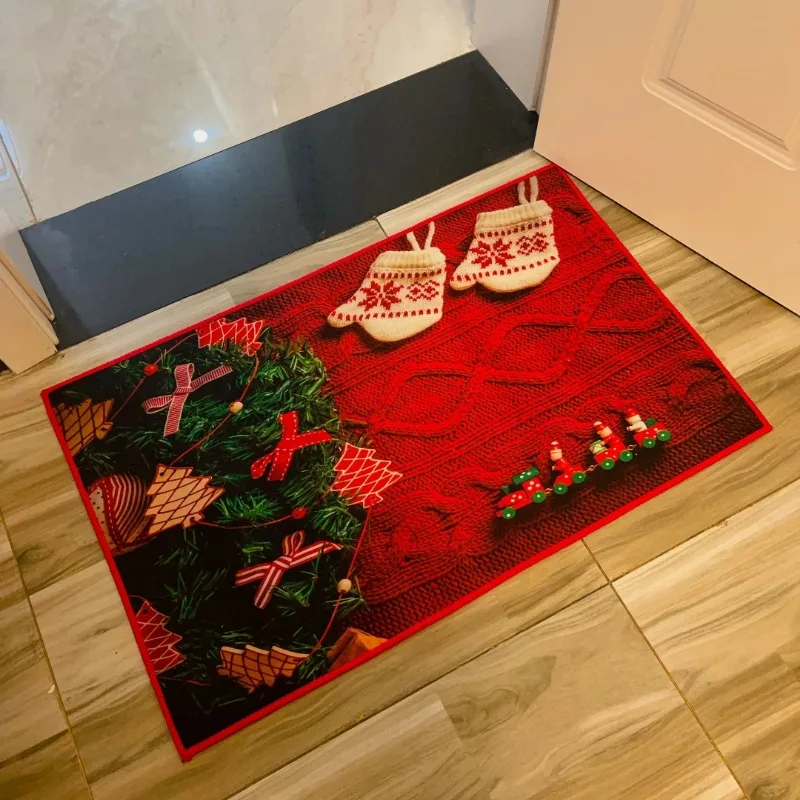 Christmas Red Carpet Squares Winter Christmas Tree Shining Gloves Home Gift Soft Flannel Non Slip Rug Doormat Bath Mat Decorate