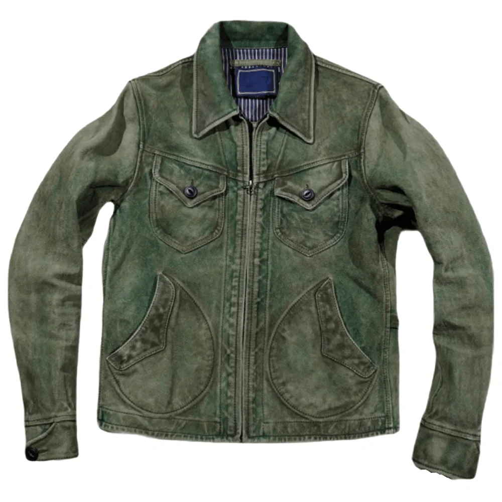 

Green Goatskin Mens Jacket Color Japanese Retro Fashion Man Real Leather Streetwear Vintage Automotive Bomber Coat Overcoat