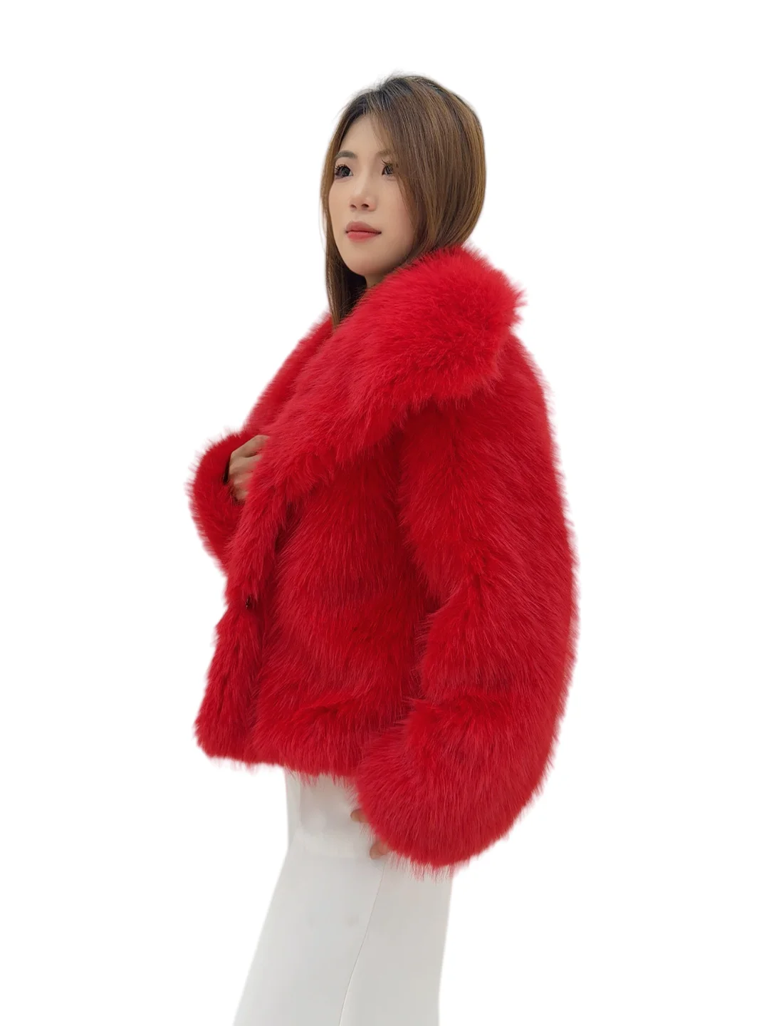 Women Fluffy Faux Fox Fur Cropped Jacket Big Shawl Lapel Open Front Short Coat Winter Streetwear Plush Outerwear