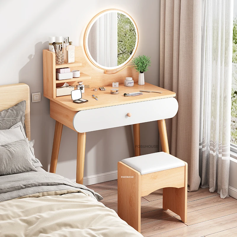 مرآة مكياج بإضاءة LED، أثاث غرفة نوم فرنسية، خزانة تخزين منزلية، طاولة تزيين متكاملة، خزانة خشبية أوروبية