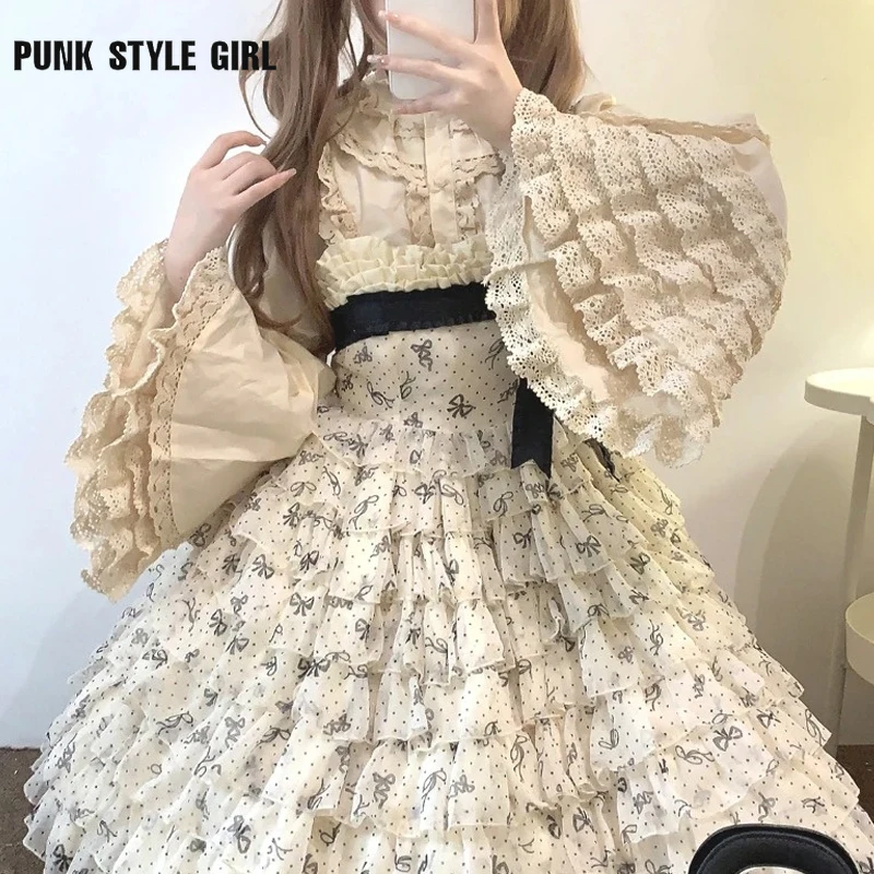 Lace Ruffles Bow Women Vintage Lolita Shirts Victorian Gothic Sweet Flare Sleeve Girls Harajuku Kawaii Blouses Y2k Blusas Tops