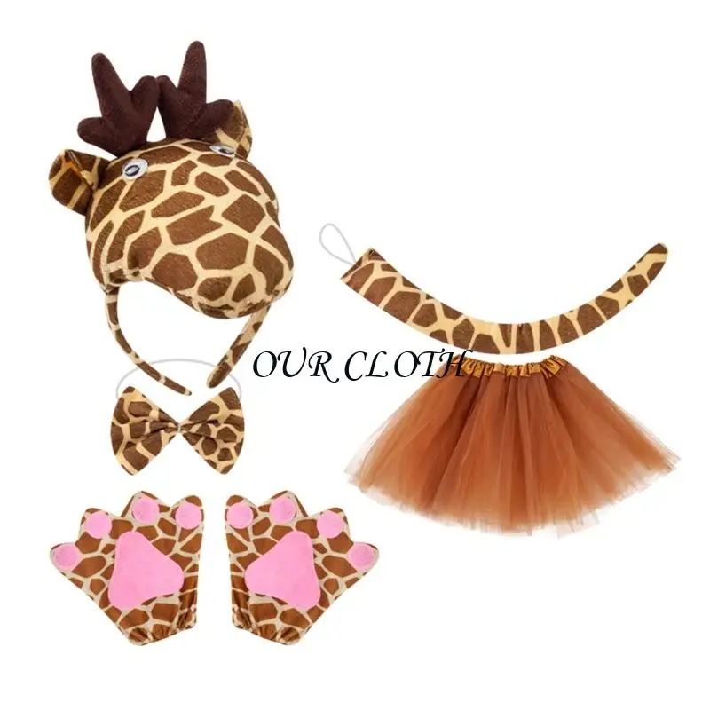 Costume girafe girls pour enfants, y compris le bandeau d'oreille, le nœud papillon, les gants, les accessoires queue Tutu