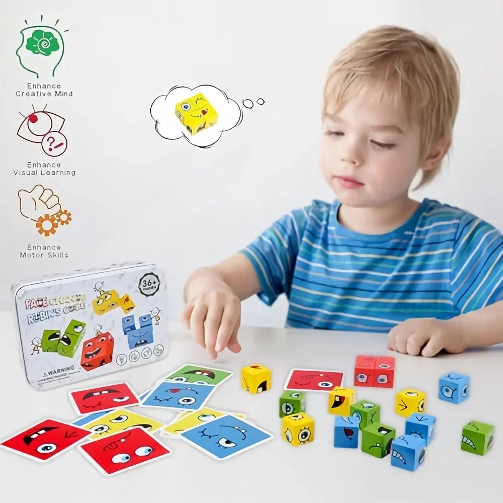 Kids Face Change Cube Game Montessori Expression Puzzle Building Blocks Toys Early Learning Educational Match Toy for Children