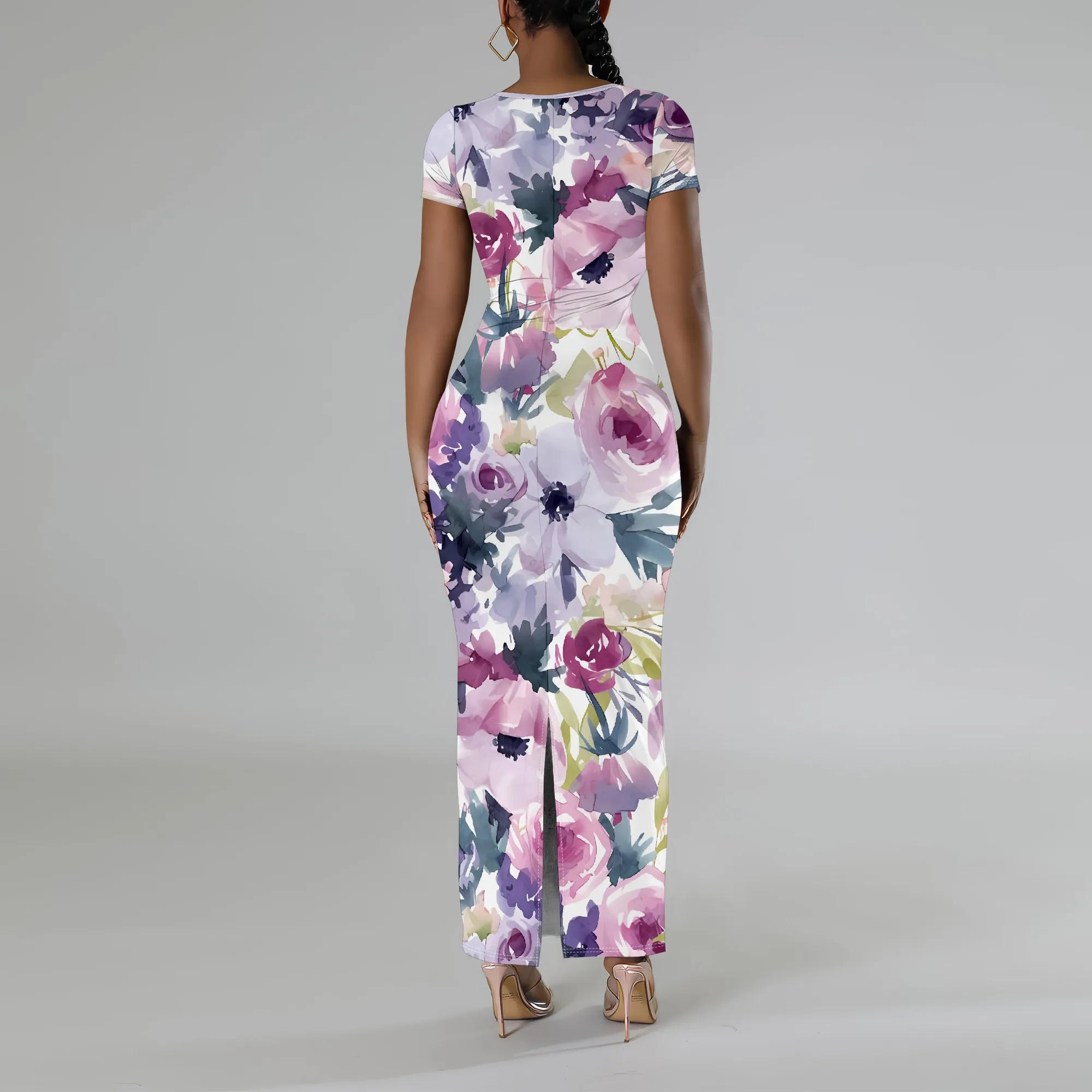 Nupusa カラフルな花柄ボディコンドレス女性のための U ネック半袖夏カジュアルマキシドレス