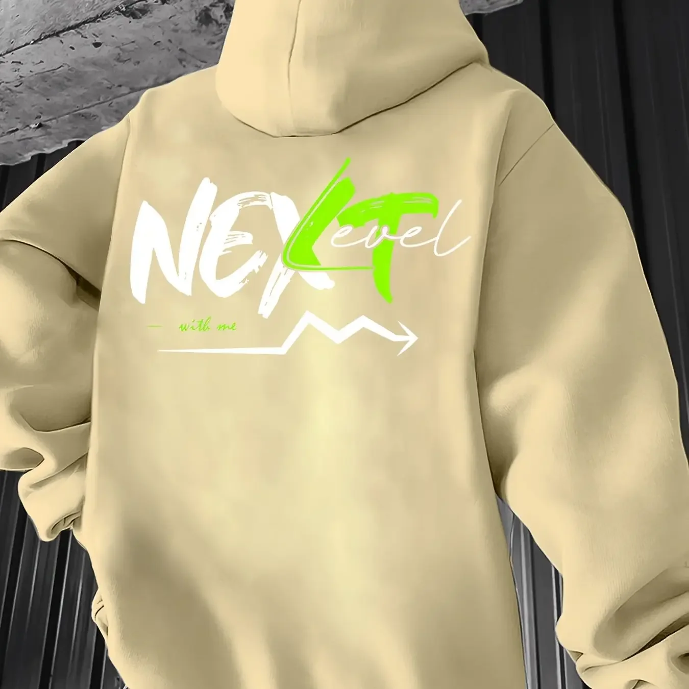 Men NEXT Level Brush Font Graphic Oversized Hoodie Large Back Neon Green Accent Arrow Line Black Fall Winter Street Sweatshirt