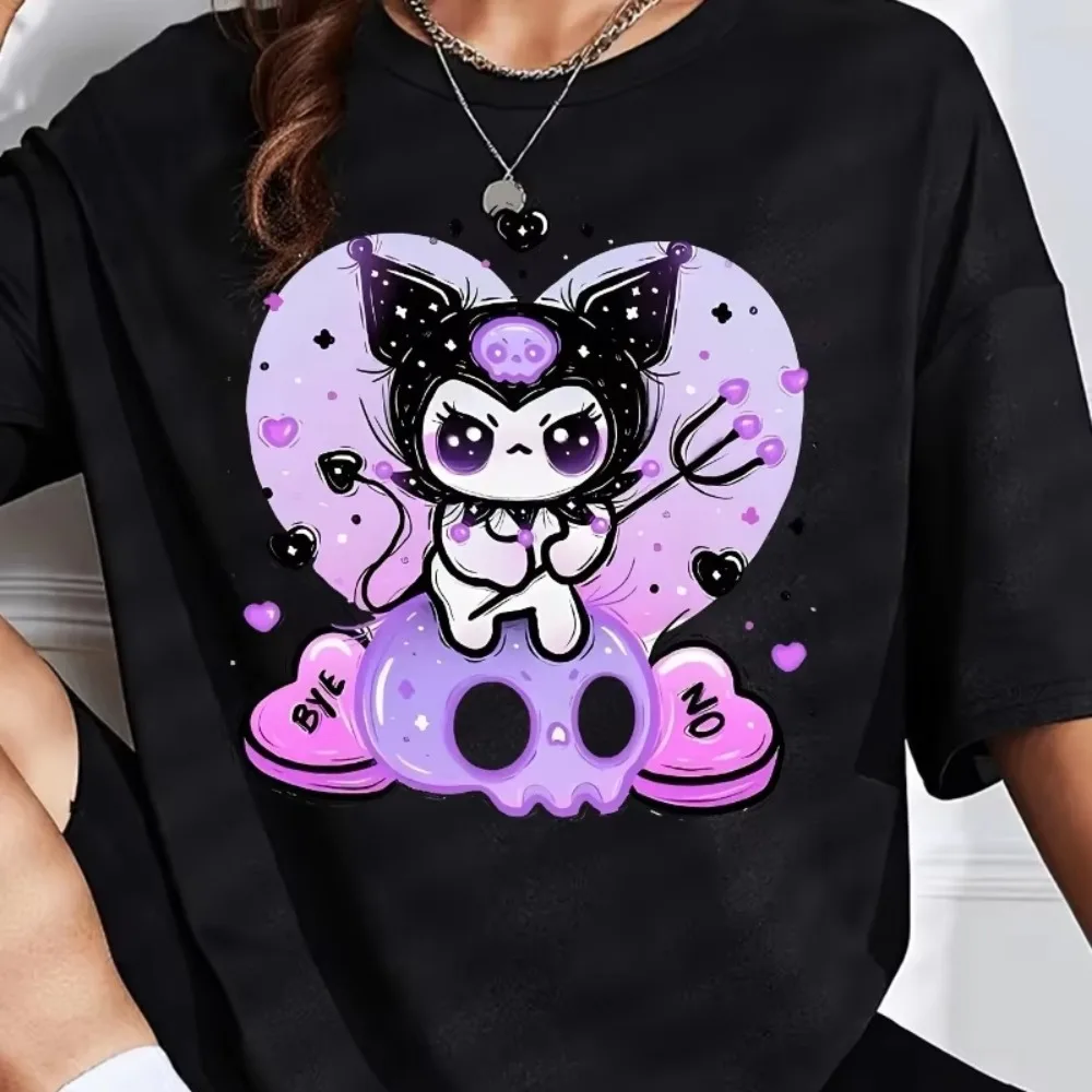 MINISO لطيف Kuromi الظلام مطبوعة قصيرة الأكمام المرأة تي شيرت الصيف حجم كبير المألوف فضفاض عادية قطنية عالية الجودة القطن الناعم