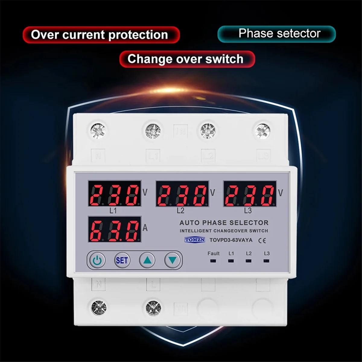 【BAAZ Fast 】 63A 3 Phase 3P+N Din Rail Phase Selector over and Under Voltage Current Protection Monitor Relays Protector