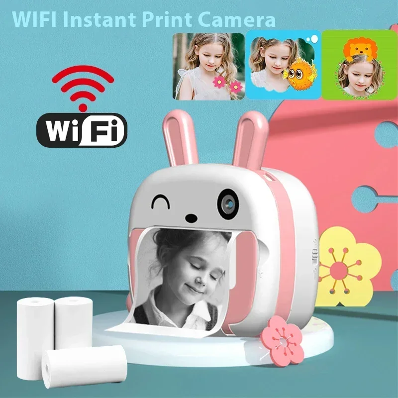 Instant Thermal Paper Print Camera for Kids Wireless Phone Printer WIFI 4K 1080P HD Video for Kids Mini Digital Cartoon Camera T