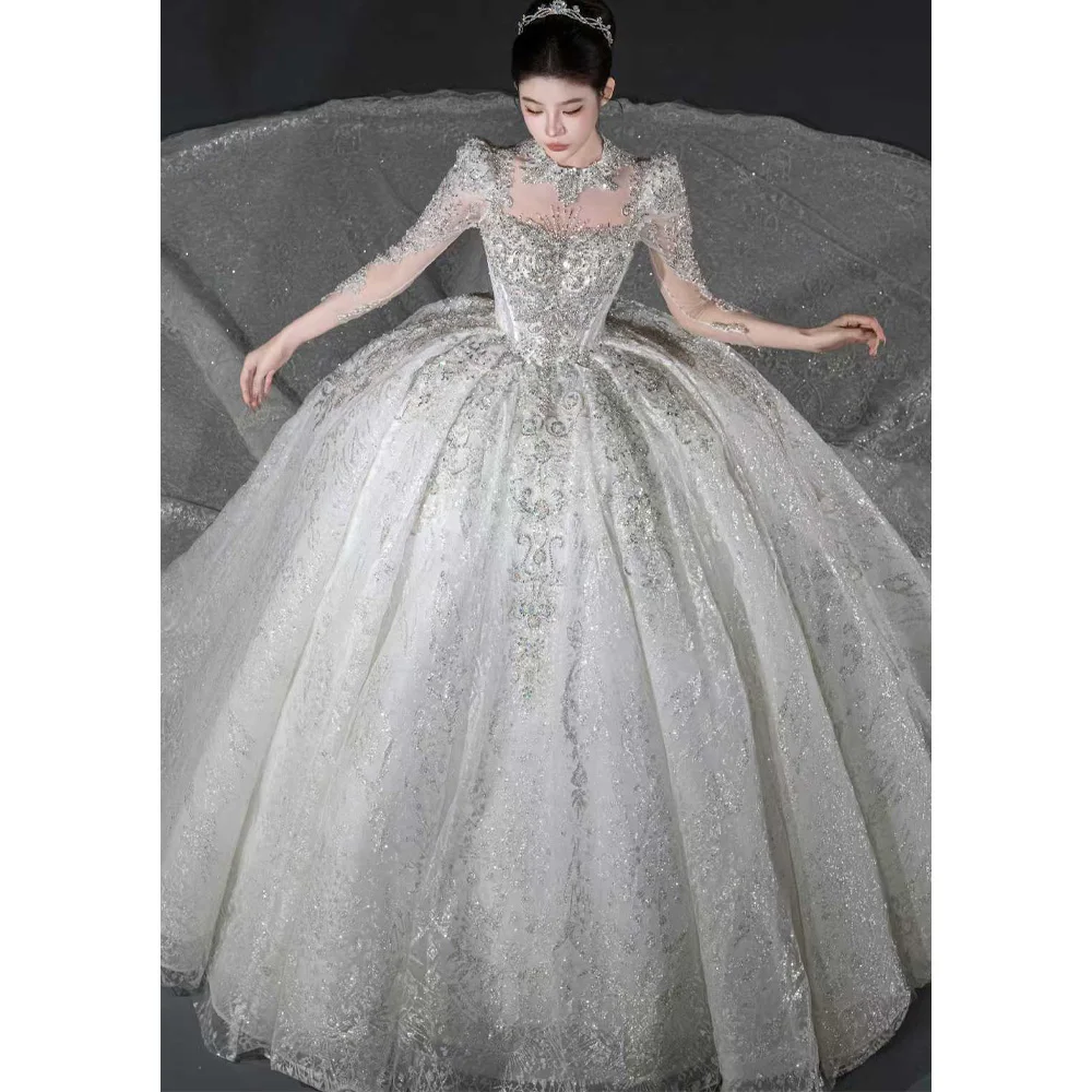 

Настраиваемое свадебное платье с высоким воротником и длинными рукавами, бальное платье с кристаллами и вышивкой, свадебное платье