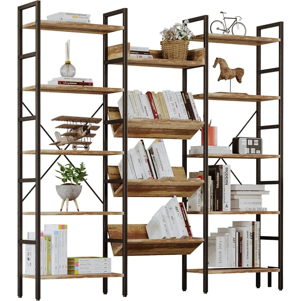 Bookshelf and Bookshelf Triple Width 5-Layer Industrial Bookshelf with Metal Frame, Suitable for Living Room, Home Office