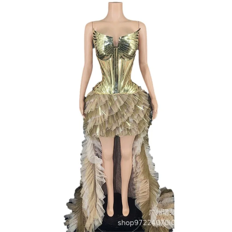 

Модное сексуальное золотое платье со шлейфом для ежегодного собрания для девочек, групповой сценический костюм для пения, модельное платье для подиума, Vestidos De Gala Mujer