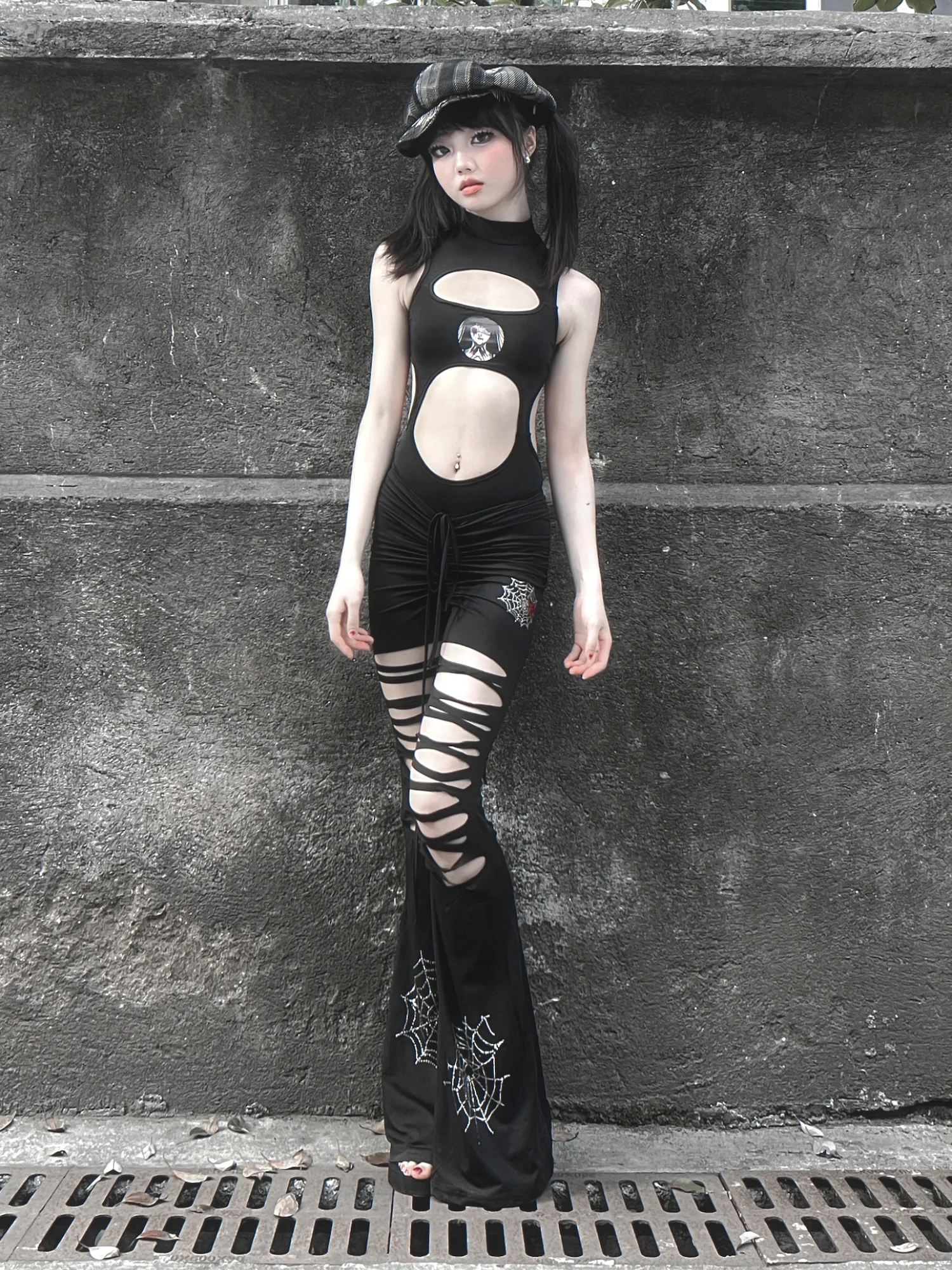 

Весенние синие брюки Harajuku для женщин, Kawaii, винтажные широкие брюки с повязками и принтом паука, крутая мода для девочек, новинка
