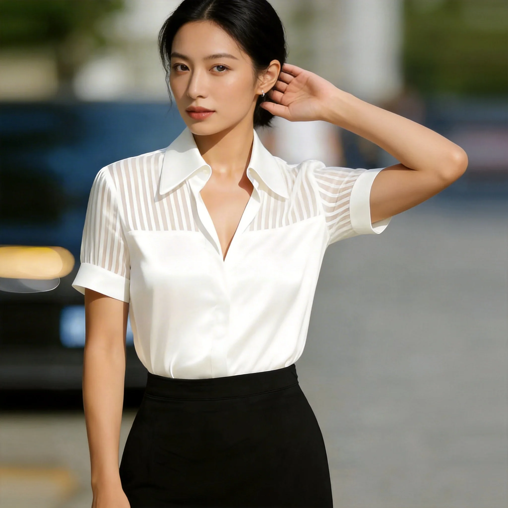 

Элегантные женские блузки с коротким рукавом, летняя мода 2026, однотонные белые свободные рубашки и топы с отложным воротником, повседневные