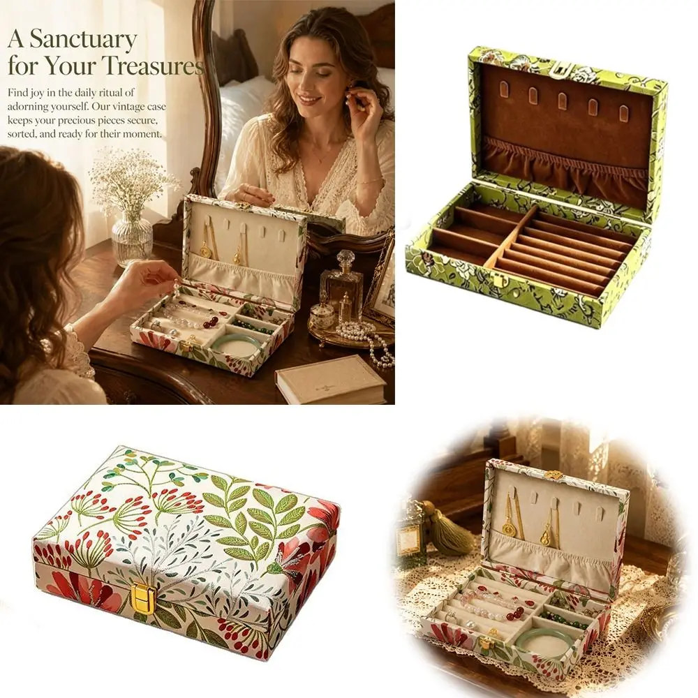 Retro Wooden Jewelry Box Floral Embroidered Multi Compartment Jewelry Holder Luxury Large Capacity Vintage Jewelry Case Earring