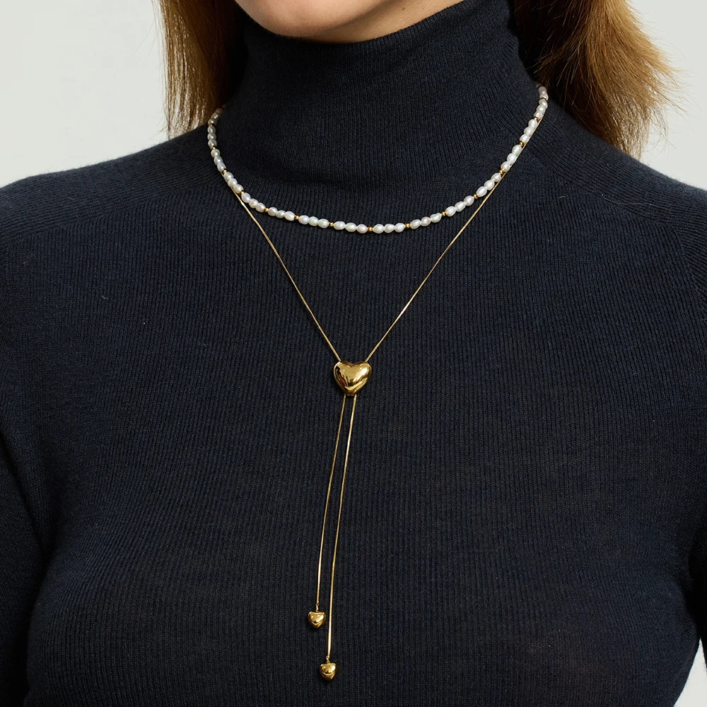 

18K Gold Plated Heart Pendant Adjustable Long Chain Stainless Steel Waterproof Necklace for Women Dainty Layering Jewelry Gift