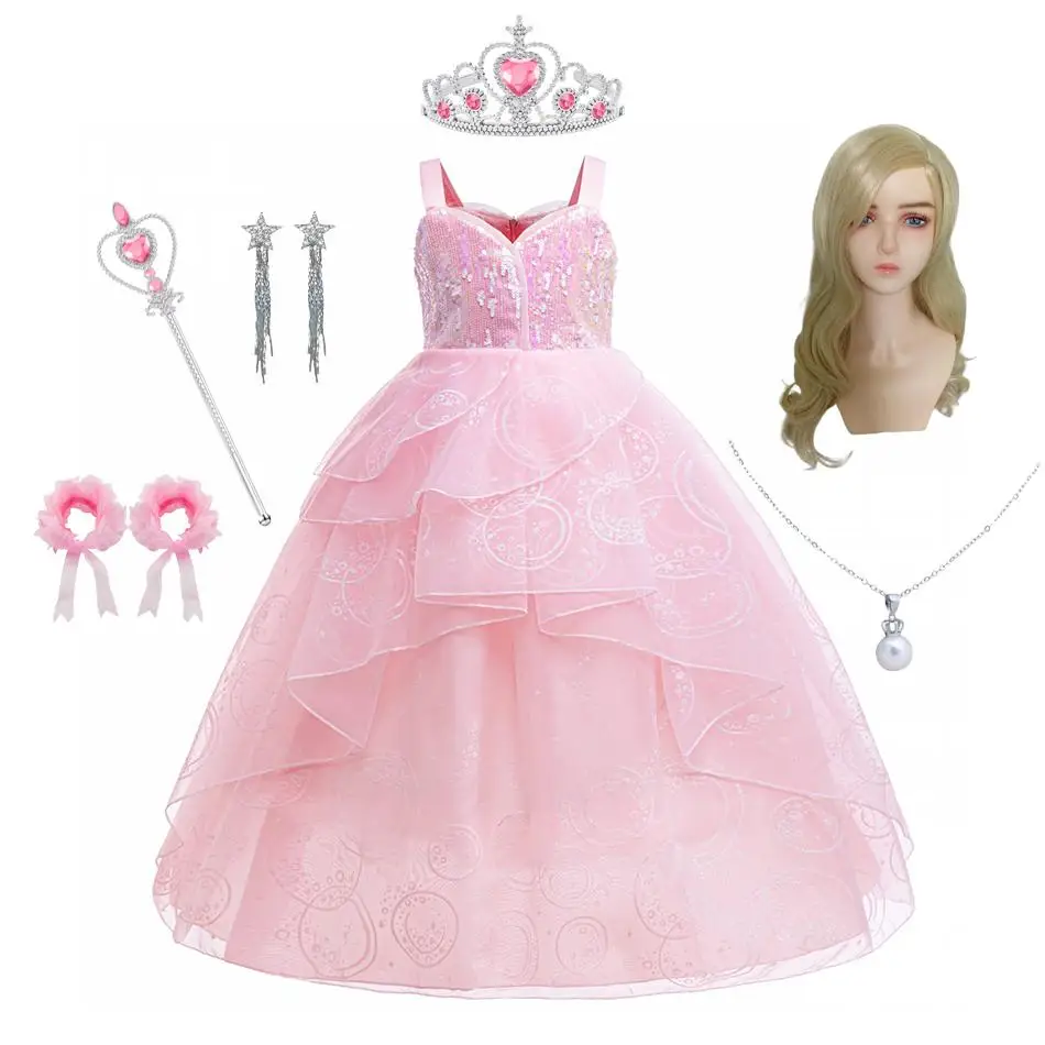 Girls Pink Glinda Princess Dress Accessories Set Kids Layered Tulle Ball Gown for Birthday Party Cosplay Halloween Glinda Dress