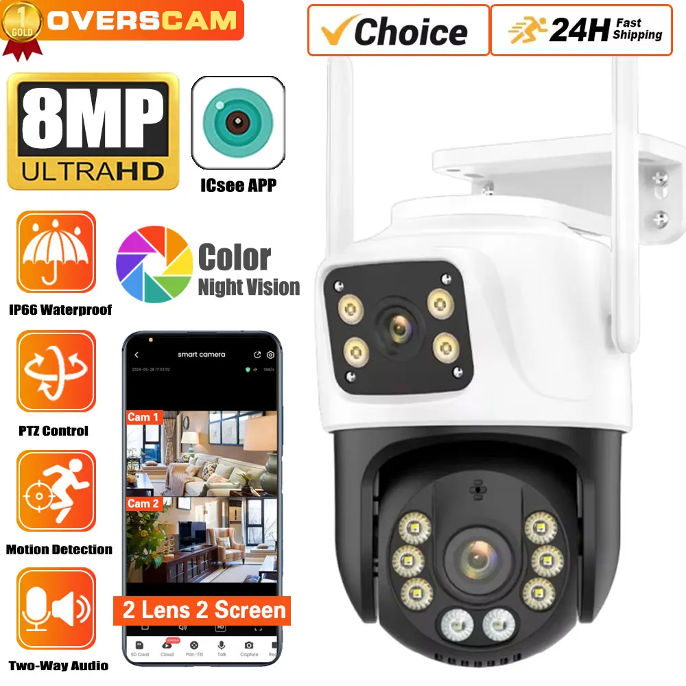 

8MP 4K Dual Lens Dual Screen AI Human Detect Auto Tracking PTZ WIFI Camera Smart Wireless Outdoor Surveillance Camera iCSee App