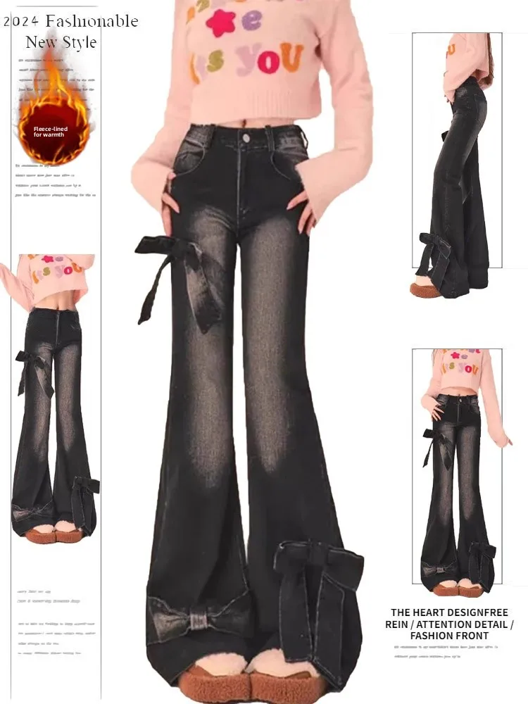 

Retro American Black Bow Tie Flared Jeans Women's Autumn Winter High Waist Slimming Thickened Fleece Denim Pants