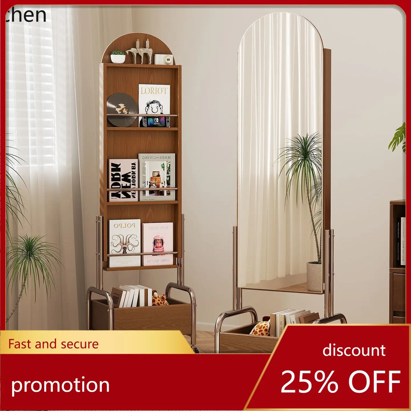 

Hxl solid wood floor mirror with removable rotating magazine rack and integrated coat rack