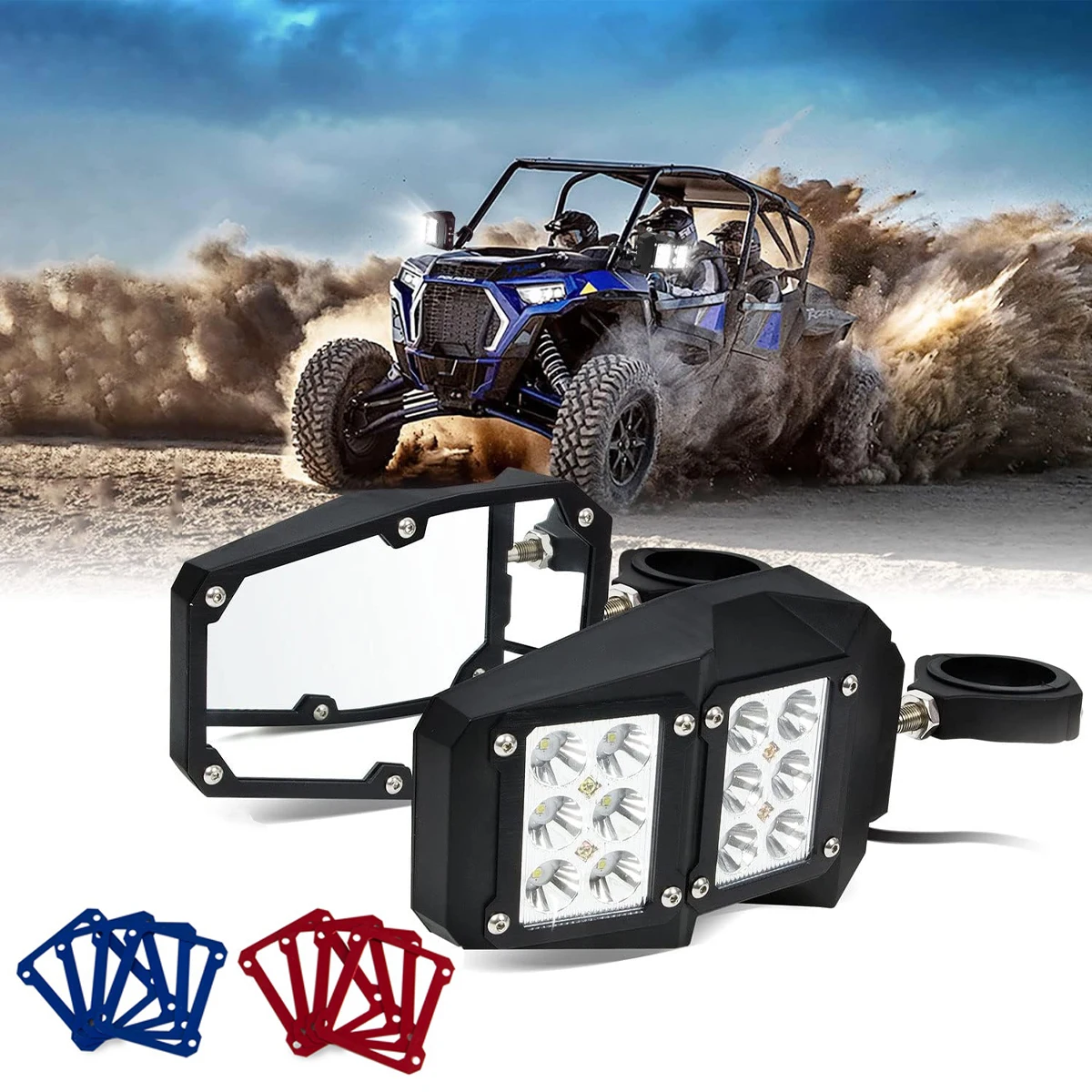 UTV Offroad LED Spot Light Side Rear View Mirrors For 1.75-2 Inch Roll Bar Cage for Polaris RZR XP 900 1000 Can Am X3 Yamaha