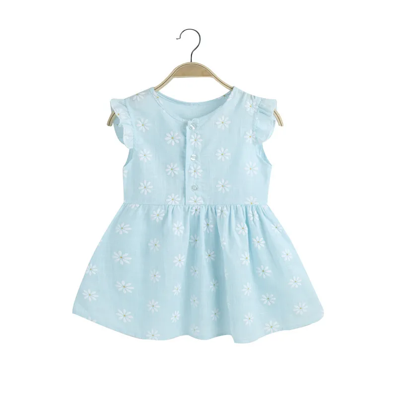 Summer Korean style fashionable cute girls\' dress children\'s cotton and linen floral vest dress baby ruffled sleeveless dress