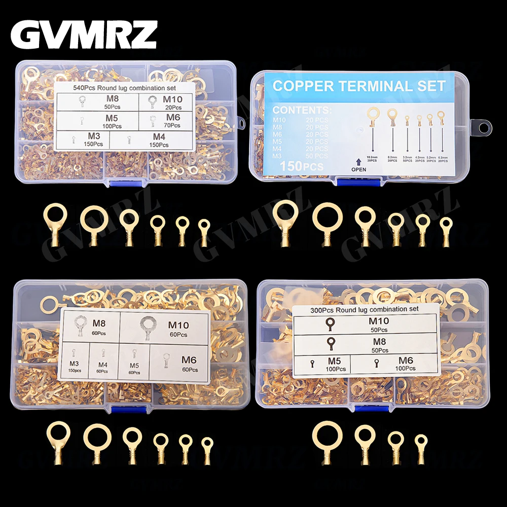 150~540PCS M3/M4/M5/M6/M8/M10 Ring Lugs Eyes Copper Crimp Terminals Cable lug Wire Connection Non Insulated Assortment Kit