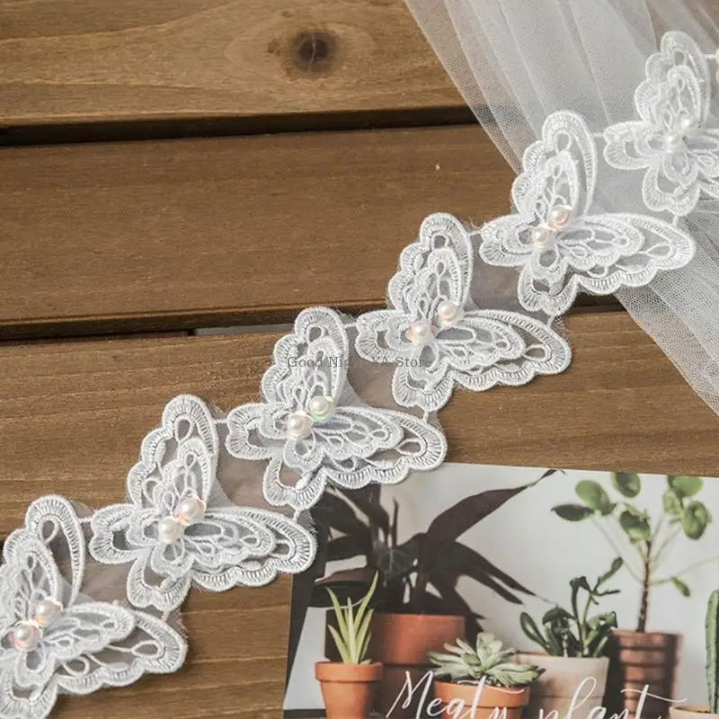 

1 Yard for Butterfly Embroidered Lace Trim Ribbon Pearl Beaded Applique DIY Sewing Craft Wedding Bridal Dress Decoration