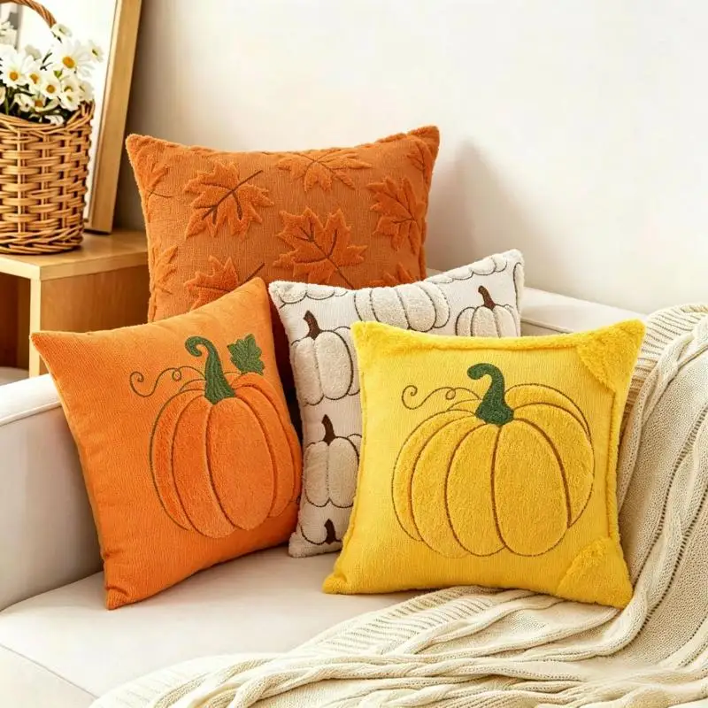 Thanksgiving-Kürbis-Herbst-Kissenbezug, Cojines, beige-orange, dekorativer Sofa-Plüsch-Kissenbezug, Kopfteil-Kissenbezüge – Detail 5