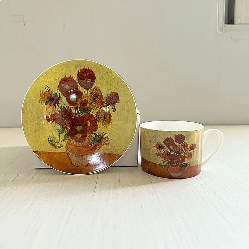 Nordic Style High Bone China Coffee Cup Saucer Set Light Luxury Creative Van Gogh Inspired Dessert Plate Gift Box