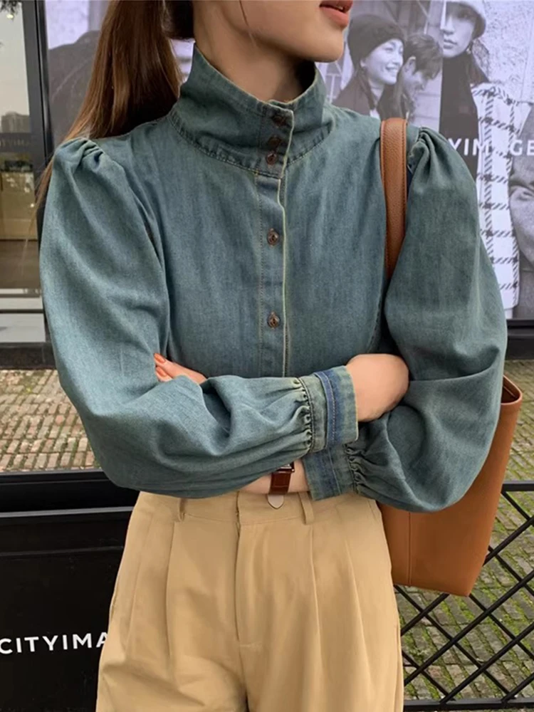 Cotton Denim Shirt 2024 New Design Temperament Women Blouses Office Lady Blue Jeans Turtleneck Top Single-Breasted Button Shirts