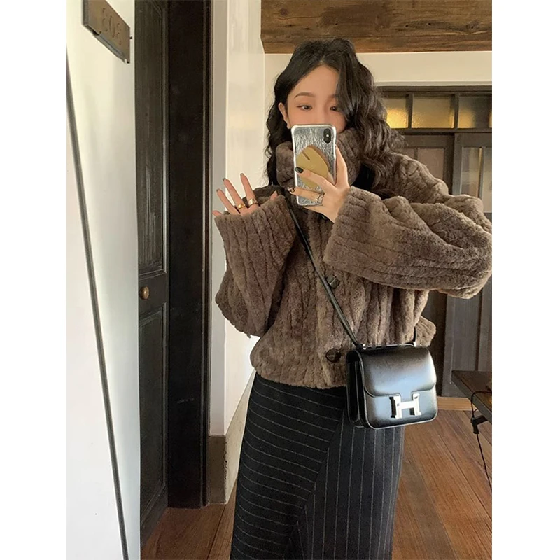 MEXZT Vintage Cropped Faux Fur Coat Women Elegant Stand Short Fluffy Jackets Winter Streetwear Korean Plush Outwear Overcoat New