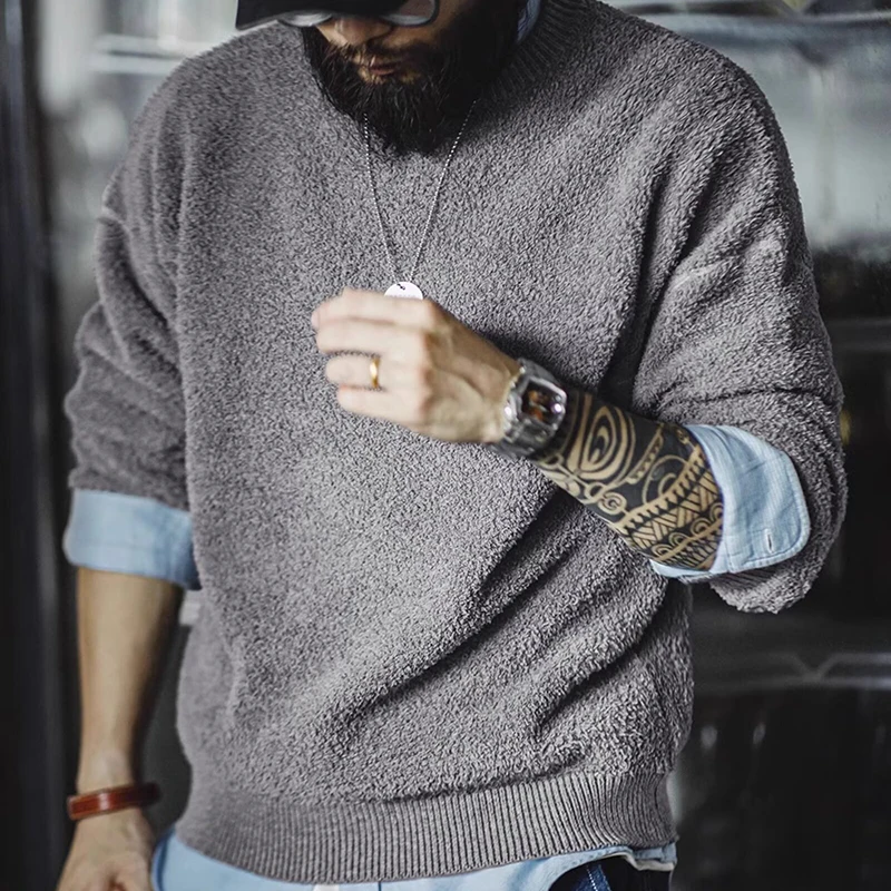 

Men's Maden Retro Grey Round Neck Sweater Men Fleece-Lined Warm Versatile Pullover Autumn Winter Loose Fit Half Velvet Sweater
