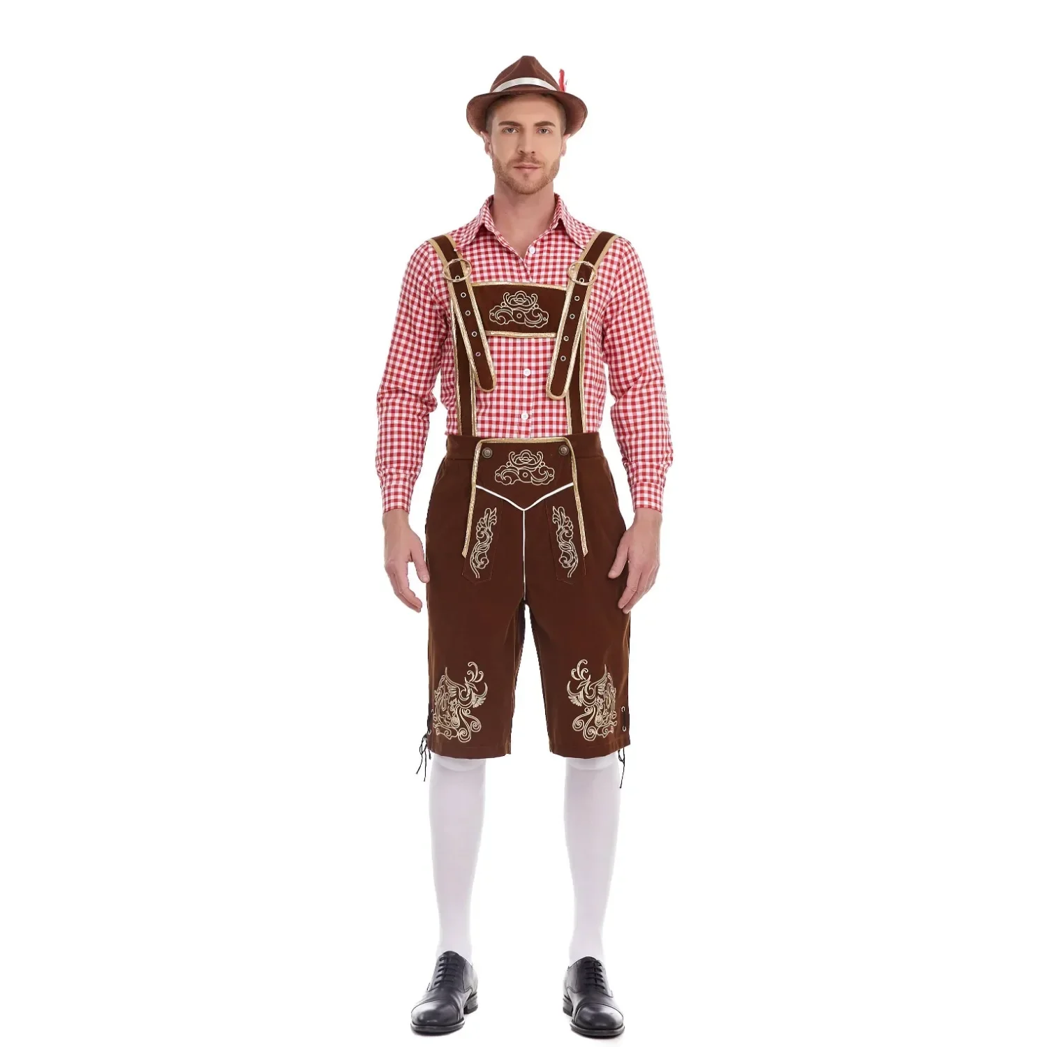 Adulto hombres carnaval Oktoberfest traje 3 unids/set tradicional Alemania cerveza bávara barman tirantes pantalones cortos camisa sombrero Halloween